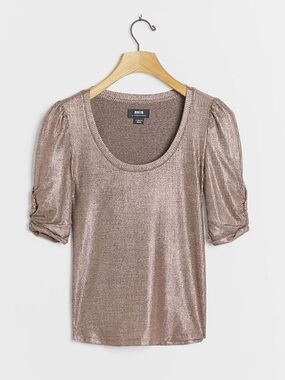 Anthropologie Pilcro Lexi Shimmer Metallic Taupe Puff-Sleeve Scoop Neck SZ XS
